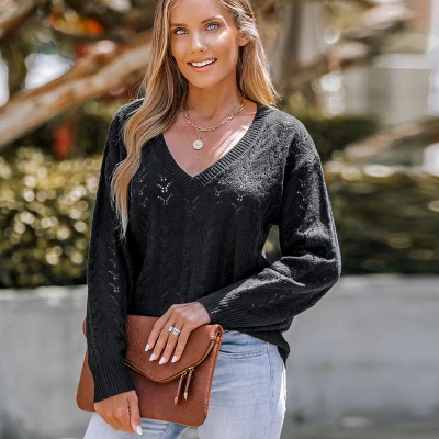 Women's Pointelle Knit V-Neck Sweater - Cupshe 3 Women's Pointelle Knit V-Neck Sweater - Cupshe - Image 3