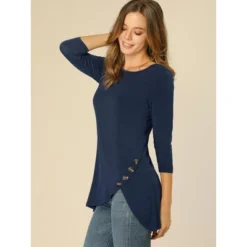 Allegra K Women's 3/4 Sleeve Round Neck Button Decor Casual Stretchy Tunic Tops
