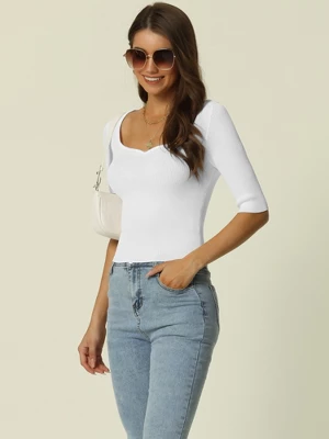 Seta T Women's Spring Fall Half SleeveSquare Neck Slim Fit Solid Ribbed Knit Sweater 2 Seta T Women's Spring Fall Half SleeveSquare Neck Slim Fit Solid Ribbed Knit Sweater - Image 2