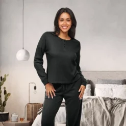 Women's Soft Ribbed Waffle Rib Knit Henley Pajamas Lounge Set, Lounge Sleeve Top And Pants With Pockets, Drawstring 14 Women's Soft Ribbed Waffle Rib Knit Henley Pajamas Lounge Set, Lounge Sleeve Top And Pants With Pockets, Drawstring -Women Clothing Shop GUEST 0e71e655 c159 4ab3 88ac 501443e63592