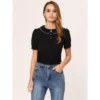 Allegra K Women's Peter Pan Collar Contrast Trim Puff Short Sleeve Summer Blouse Top