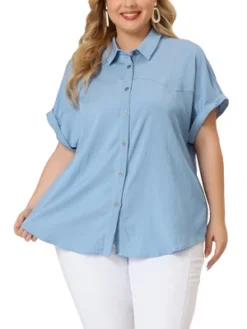 Agnes Orinda Women's Plus Size Chambray Work Roll Sleeves Buttons Down Shirts -Women Clothing Shop GUEST 16c1a9be d48e 4d71 b295 7b14bae442e4
