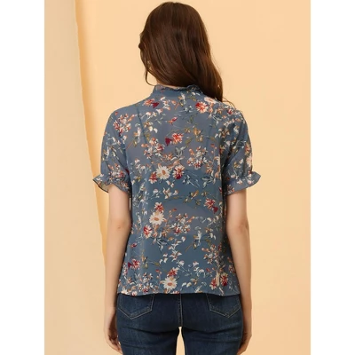 Allegra K Women's Floral Chiffon Ruffle Neck Puff Sleeve Semi-Sheer Button Down Blouse 2 Allegra K Women's Floral Chiffon Ruffle Neck Puff Sleeve Semi-Sheer Button Down Blouse - Image 2
