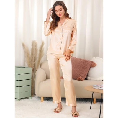 Allegra K Women's Satin Button Down Sleepshirt With Pants Halloween Pajama Set 1 Allegra K Women's Satin Button Down Sleepshirt With Pants Halloween Pajama Set