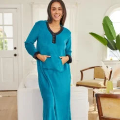 Women's Soft Warm Fleece Nightgown, Long Kaftan With Pockets For Winter