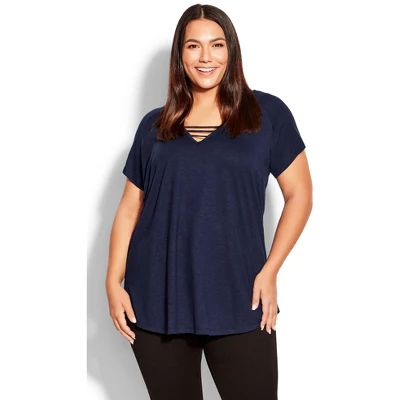Women's Plus Size 3 Bar V-Neck Top - Navy | AVENUE 7 Women's Plus Size 3 Bar V-Neck Top - Navy | AVENUE - Image 7