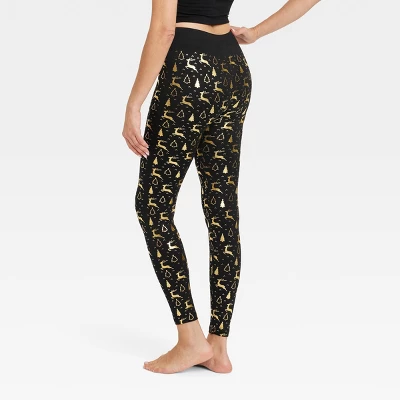 Women's Foil Print Reindeer Seamless Fleece Lined Leggings - Wondershop™ Black/Gold 1 Women's Foil Print Reindeer Seamless Fleece Lined Leggings - Wondershop™ Black/Gold