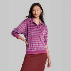 Women's Ascot + Hart Collared Striped Long Sleeve Graphic T-Shirt