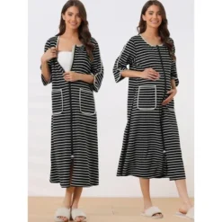 Cheibear Women's Zip Front Robe 3/4 Sleeve Striped Long Bathrobe Dress Pajama