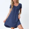Cheibear Women's Sleepwear Soft Button With Pockets Short Sleeve Lounge Nightgown