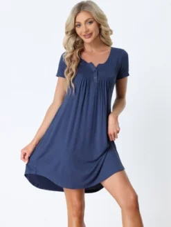 Cheibear Women's Sleepwear Soft Button With Pockets Short Sleeve Lounge Nightgown