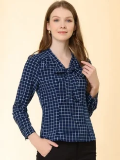 Allegra K Women's Elegant Bow Tie Neck Puff Long Sleeve Plaid Top Work Shirt Blouse