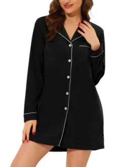 Cheibear Women's Long Sleeve Button Down Lounge Dress Nightshirt Sleepwear