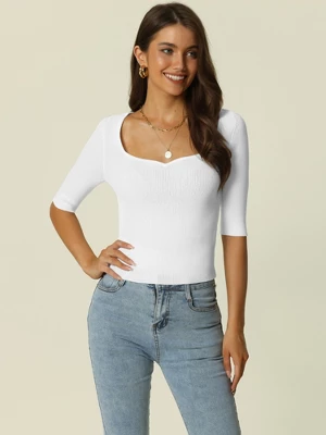 Seta T Women's Spring Fall Half SleeveSquare Neck Slim Fit Solid Ribbed Knit Sweater 1 Seta T Women's Spring Fall Half SleeveSquare Neck Slim Fit Solid Ribbed Knit Sweater