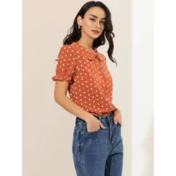 Allegra K Women's Elegant Puff Sleeve Polka Dots Peter Pan Collar Vintage Shirt Top
