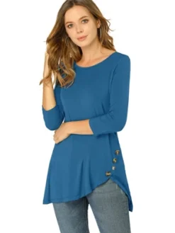 Allegra K Women's 3/4 Sleeve Round Neck Button Decor Casual Stretchy Tunic Tops -Women Clothing Shop GUEST 53168d87 209b 4558 a4ad 6f7cae4f43b5