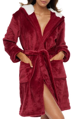 Women's Classic Plush Hooded Robe, Short Fleece Bathrobe With Hood 5 Women's Classic Plush Hooded Robe, Short Fleece Bathrobe With Hood - Image 5