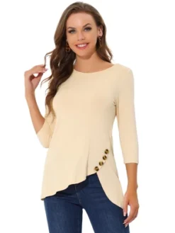 Allegra K Women's 3/4 Sleeve Round Neck Button Decor Casual Stretchy Tunic Tops -Women Clothing Shop GUEST 59cf4a16 4407 40fc beda 722ee5dc4a7d