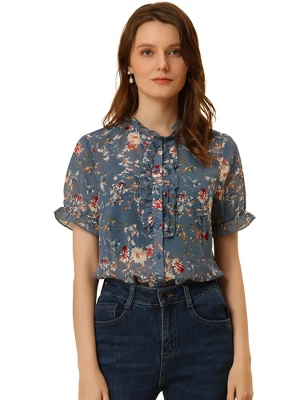 Allegra K Women's Floral Chiffon Ruffle Neck Puff Sleeve Semi-Sheer Button Down Blouse 6 Allegra K Women's Floral Chiffon Ruffle Neck Puff Sleeve Semi-Sheer Button Down Blouse - Image 6