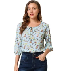 Allegra K Women's Bow Tie Round Neck 3/4 Raglan Sleeve Floral Blouse Tops -Women Clothing Shop GUEST 64d938d9 508e 4289 aecd 6a1e71607be8