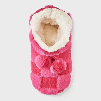 Women's Checkered Faux Fur Booties With Poms And Grippers - Pink 2 Women's Checkered Faux Fur Booties With Poms And Grippers - Pink - Image 2