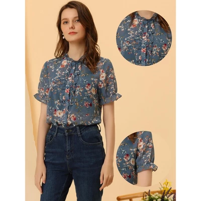 Allegra K Women's Floral Chiffon Ruffle Neck Puff Sleeve Semi-Sheer Button Down Blouse 1 Allegra K Women's Floral Chiffon Ruffle Neck Puff Sleeve Semi-Sheer Button Down Blouse