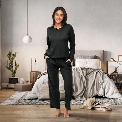 Women's Soft Ribbed Waffle Rib Knit Henley Pajamas Lounge Set, Lounge Sleeve Top And Pants With Pockets, Drawstring 1 Women's Soft Ribbed Waffle Rib Knit Henley Pajamas Lounge Set, Lounge Sleeve Top And Pants With Pockets, Drawstring