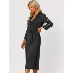 Cheibear Womens Satin Nightwear Robe And Nightgown Sets Lace Long Sleeve Bridesmaid Wedding Bride Bathrobe