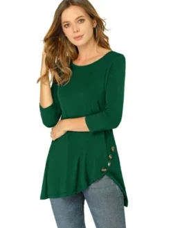 Allegra K Women's 3/4 Sleeve Round Neck Button Decor Casual Stretchy Tunic Tops -Women Clothing Shop GUEST 7edeb2e1 3cdf 42b8 bc29 4b735921e474