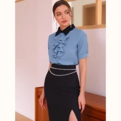 Allegra K Women's Contrast Collar Tie Ruffle Front Button Short Sleeve Work Shirt