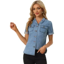 Allegra K Women's Collared Short Sleeves Flap Pocket Button Denim Shirt -Women Clothing Shop GUEST 81b899e1 d9cf 4899 b054 64603a31033d