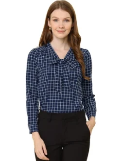 Allegra K Women's Elegant Bow Tie Neck Puff Long Sleeve Plaid Top Work Shirt Blouse -Women Clothing Shop GUEST 82de5fc5 843a 4e4a 9ff8 4b3549b8e099
