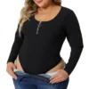 Agnes Orinda Women's Plus Size Zipper Deep Scoop Neck Long Sleeve Tops Bodysuit Jumpsuit