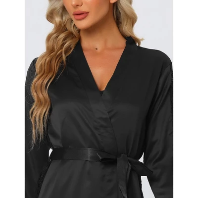 Cheibear Women's Satin Robe Lace Trim Long Sleeve Bridesmaid Gown Bathrobe 3 Cheibear Women's Satin Robe Lace Trim Long Sleeve Bridesmaid Gown Bathrobe - Image 3