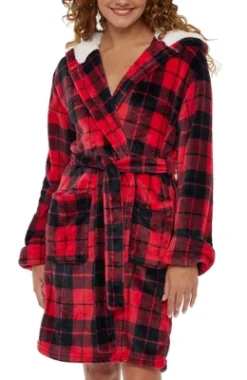 Women's Classic Plush Hooded Robe, Short Fleece Plaid Bathrobe With Hood -Women Clothing Shop GUEST 8dbc2924 736a 4ab3 b05b 74df7e64f3fb