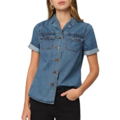 Allegra K Women's Collared Short Sleeves Flap Pocket Button Denim Shirt -Women Clothing Shop GUEST 909391cf c873 4951 b340 386ab14b27c3