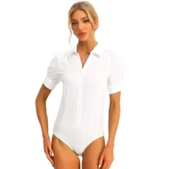 Allegra K Women's Office Button Down One-Piece Short Sleeve Bodysuit Work Shirt -Women Clothing Shop GUEST 94d9f5a3 5f23 434a 9fa4 29a7afa9f313