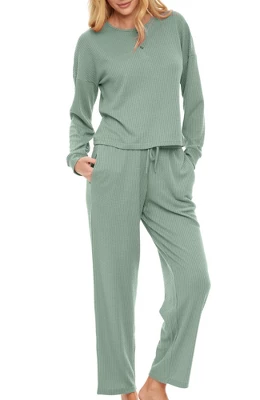 Women's Soft Ribbed Waffle Rib Knit Henley Pajamas Lounge Set, Lounge Sleeve Top And Pants With Pockets, Drawstring 11 Women's Soft Ribbed Waffle Rib Knit Henley Pajamas Lounge Set, Lounge Sleeve Top And Pants With Pockets, Drawstring - Image 11