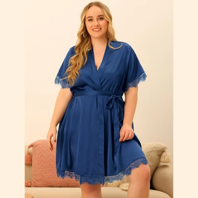 Agnes Orinda Women's Plus Size Satin Side Pocket Lace Trim Pajamas Robes 2 Agnes Orinda Women's Plus Size Satin Side Pocket Lace Trim Pajamas Robes - Image 2