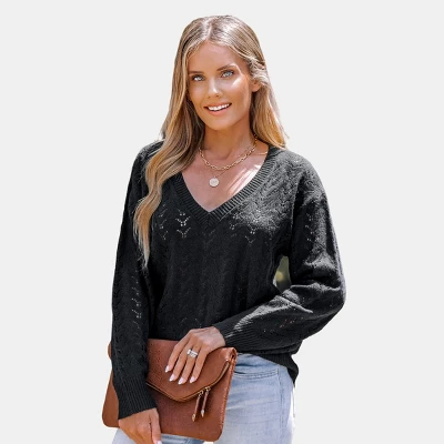 Women's Pointelle Knit V-Neck Sweater - Cupshe 7 Women's Pointelle Knit V-Neck Sweater - Cupshe - Image 7