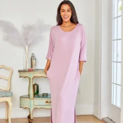 Women's Soft Knit Caftan Nightgown, Loungewear Oversized Pajamas Long Sleep Dress With Pockets