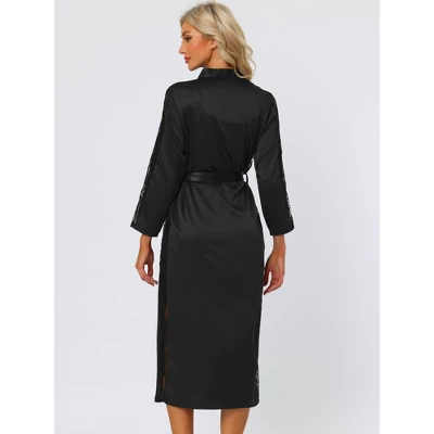 Cheibear Women's Satin Robe Lace Trim Long Sleeve Bridesmaid Gown Bathrobe 2 Cheibear Women's Satin Robe Lace Trim Long Sleeve Bridesmaid Gown Bathrobe - Image 2