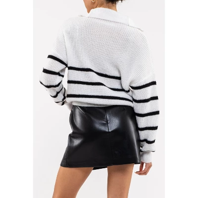 August Sky Women's Half Zip Mock Neck Breton Stripe Pullover Sweater 1 August Sky Women's Half Zip Mock Neck Breton Stripe Pullover Sweater