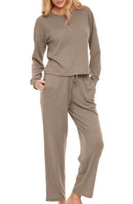 Women's Soft Ribbed Waffle Rib Knit Henley Pajamas Lounge Set, Lounge Sleeve Top And Pants With Pockets, Drawstring 9 Women's Soft Ribbed Waffle Rib Knit Henley Pajamas Lounge Set, Lounge Sleeve Top And Pants With Pockets, Drawstring - Image 9