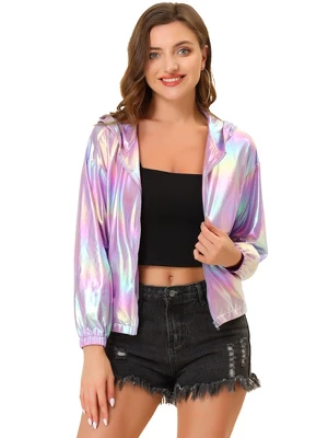 Allegra K Women's Holographic Shiny Long Sleeve Zipper Hooded Metallic Jacket 14 Allegra K Women's Holographic Shiny Long Sleeve Zipper Hooded Metallic Jacket - Image 14