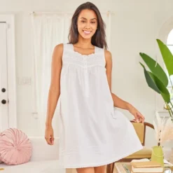 Women's Cotton Victorian Nightgown, Hannah Sleeveless Lace Trimmed Button Up Short Vintage Night Dress Gown -Women Clothing Shop GUEST b42ba7b5 f3a8 432a 854f 3dfbdccecdc4