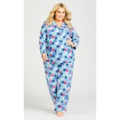 Women's Plus Size Snowflake Button Fleece Sleep Top - Blue | AVENUE