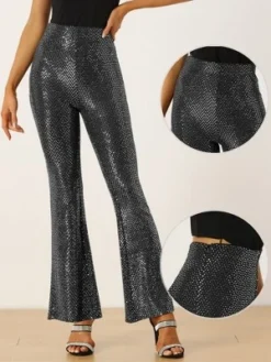 Allegra K Sequin Pants For Women's Sparkle Bell Bottoms Stretch Shiny Flare Pants