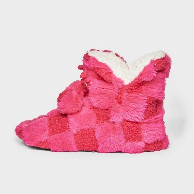 Women's Checkered Faux Fur Booties With Poms And Grippers - Pink 1 Women's Checkered Faux Fur Booties With Poms And Grippers - Pink