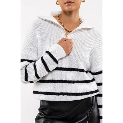 August Sky Women's Half Zip Mock Neck Breton Stripe Pullover Sweater 3 August Sky Women's Half Zip Mock Neck Breton Stripe Pullover Sweater - Image 3